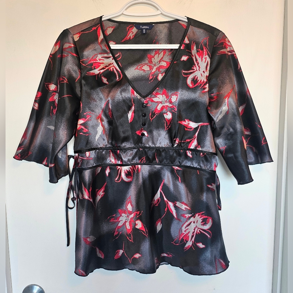 Y2K Silky Reitmans Flowy 3/4 Sleeve Floral Top With Ties
